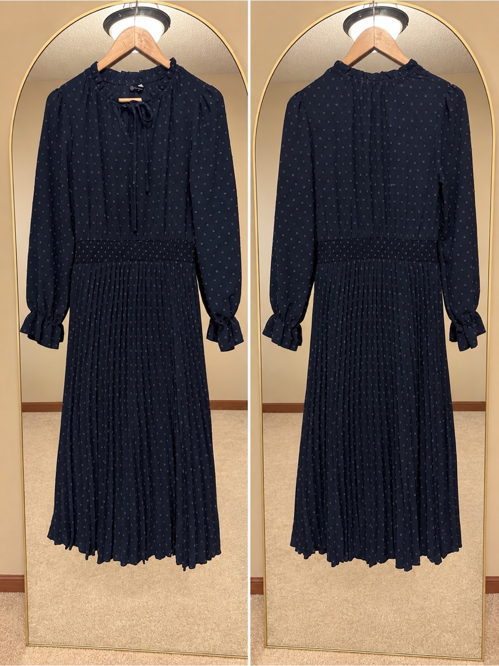 Amazon Navy Long-Sleeve Pleated Midi Dress with Tiny Dot Print